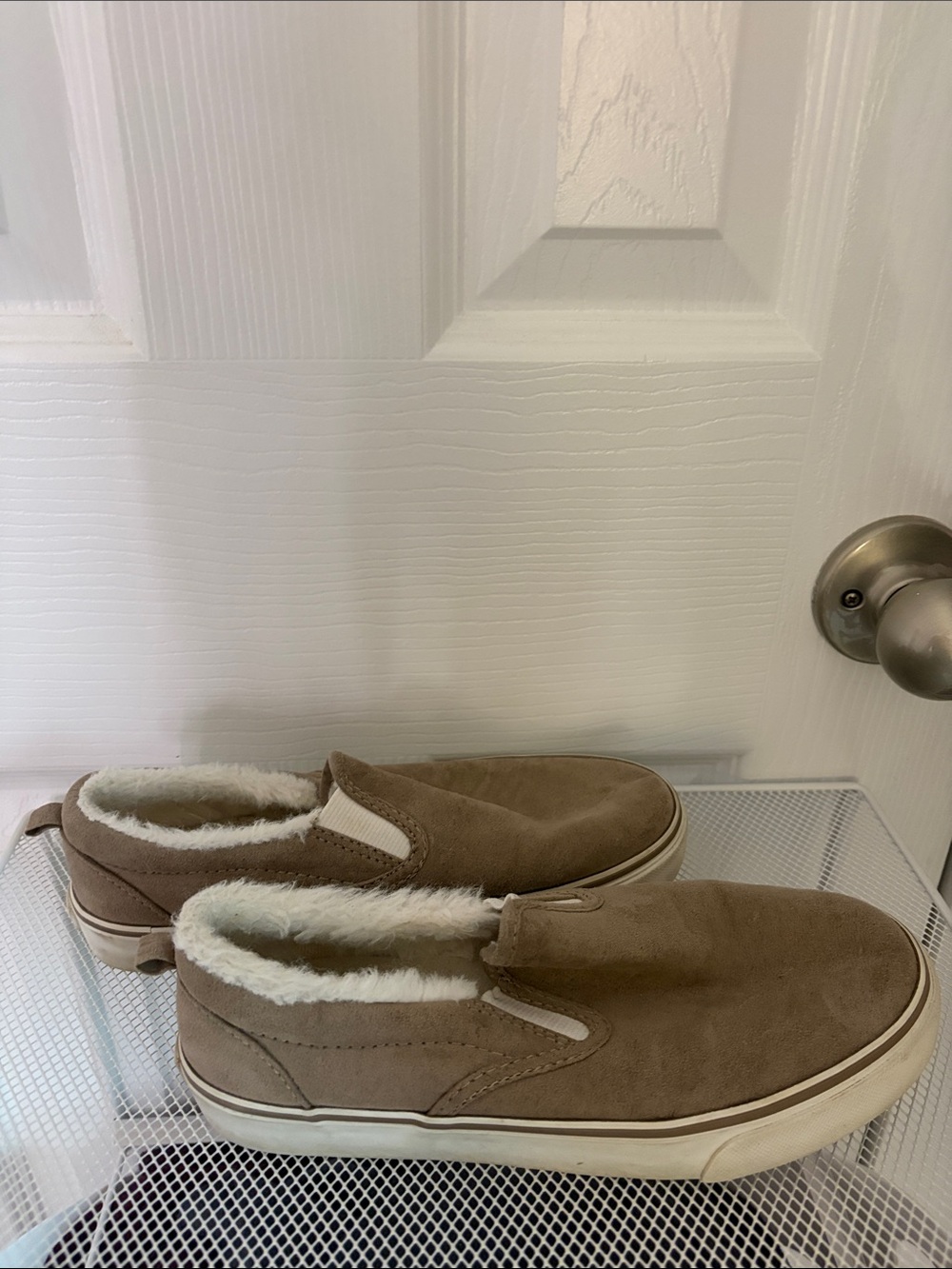 Old Navy Women’s Tan Suede Slip-On Shoes with White Faux Fur Lining